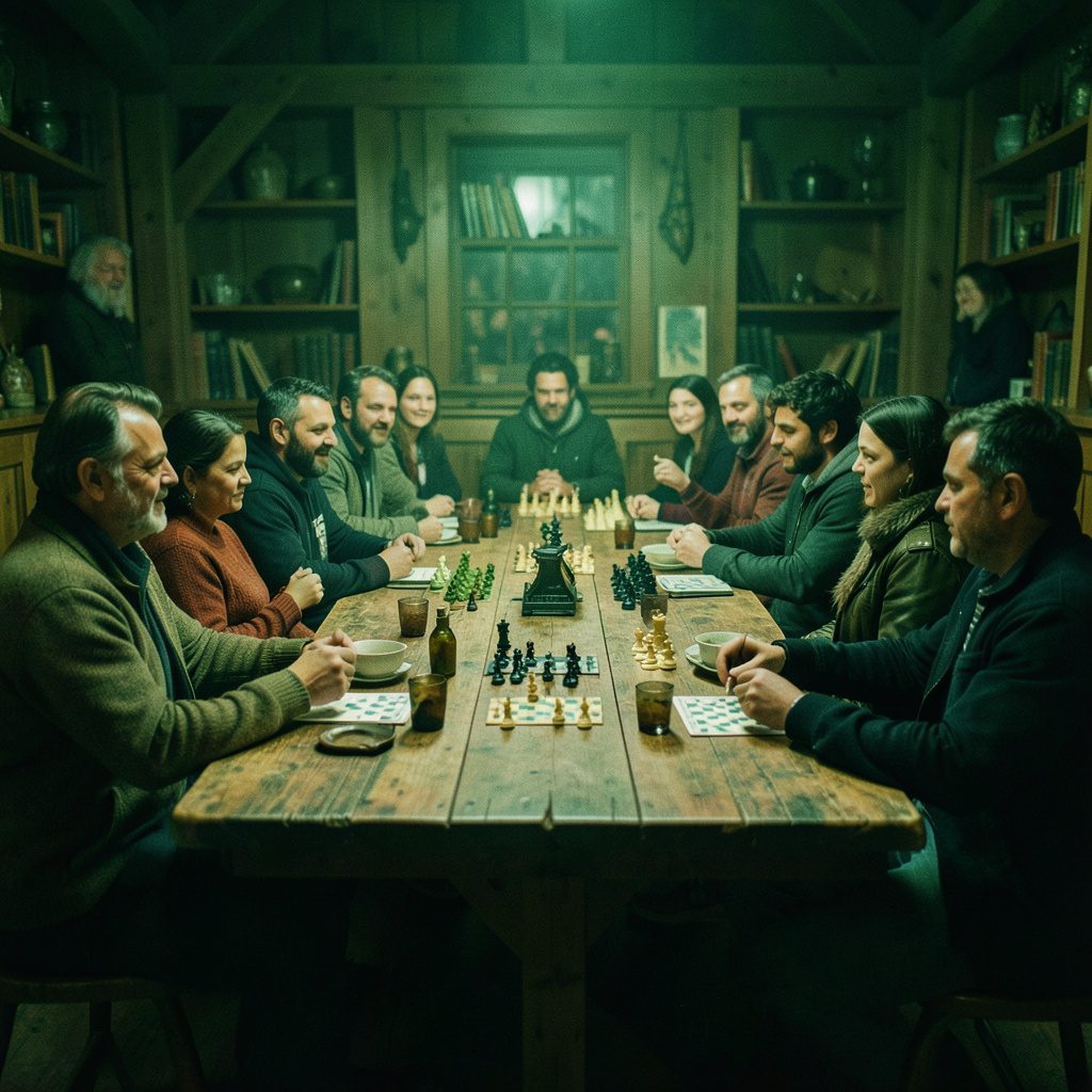 Atelier de jeu de rôle avec des participants en pleine partie autour d'une grande table en bois