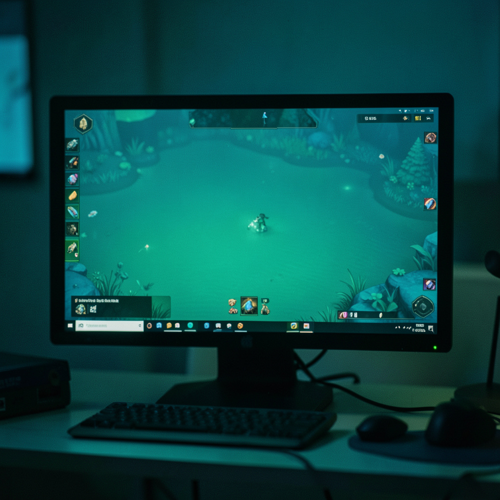 Écran d'ordinateur affichant une interface de jeu aux tons bleu-vert, dans un environnement faiblement éclairé
