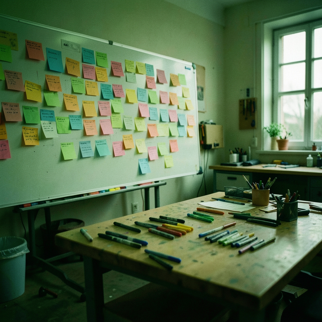 Salle d'atelier baignée d'une lumière tamisée, avec un tableau blanc couvert de post-it colorés et des marqueurs disposés sur une grande table