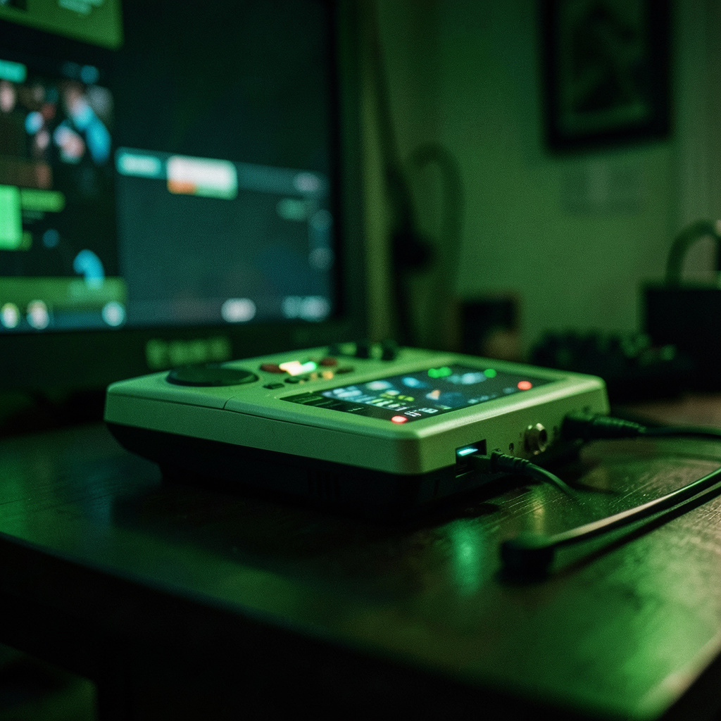 Vue rapprochée d'une manie de jeu vidéo rétro posée sur une table sombre, baignée d'une lueur verte